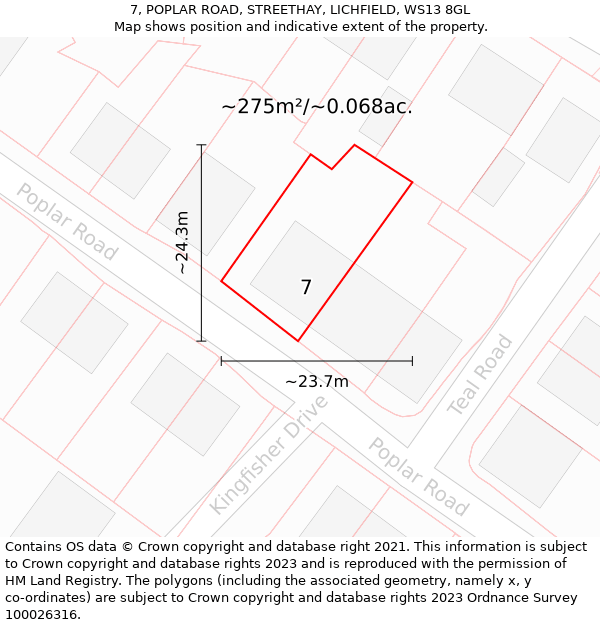 7, POPLAR ROAD, STREETHAY, LICHFIELD, WS13 8GL: Plot and title map