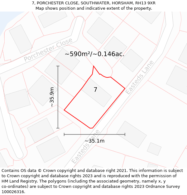 7, PORCHESTER CLOSE, SOUTHWATER, HORSHAM, RH13 9XR: Plot and title map