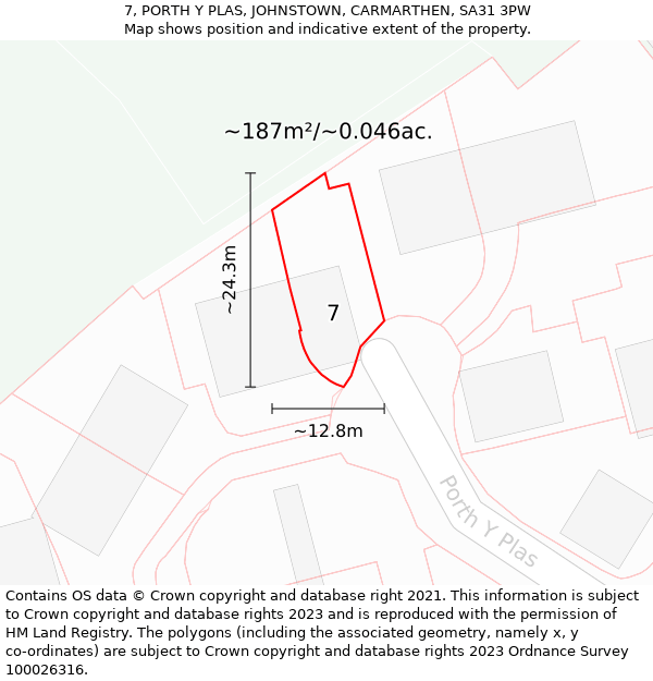 7, PORTH Y PLAS, JOHNSTOWN, CARMARTHEN, SA31 3PW: Plot and title map