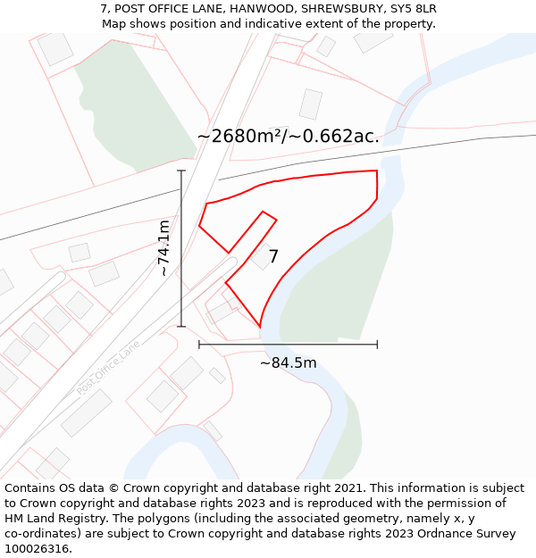 7, POST OFFICE LANE, HANWOOD, SHREWSBURY, SY5 8LR: Plot and title map