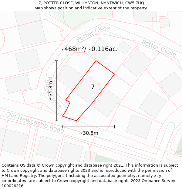 7, POTTER CLOSE, WILLASTON, NANTWICH, CW5 7HQ: Plot and title map