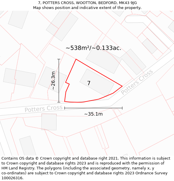 7, POTTERS CROSS, WOOTTON, BEDFORD, MK43 9JG: Plot and title map