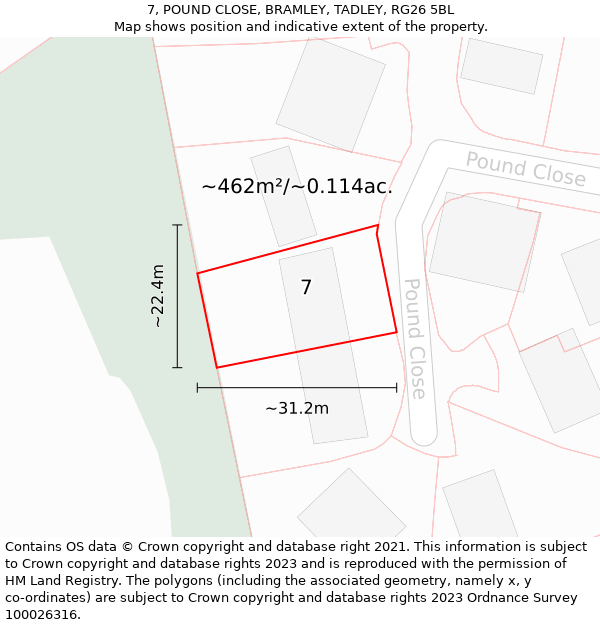 7, POUND CLOSE, BRAMLEY, TADLEY, RG26 5BL: Plot and title map