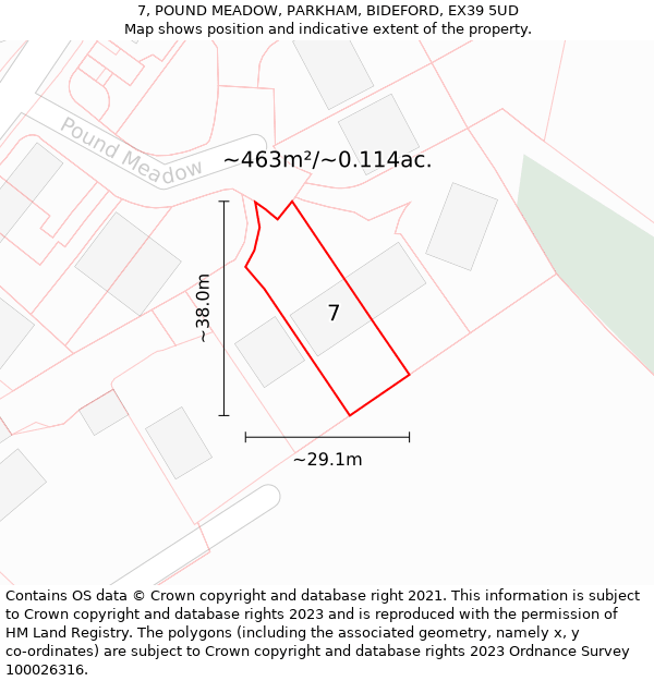 7, POUND MEADOW, PARKHAM, BIDEFORD, EX39 5UD: Plot and title map