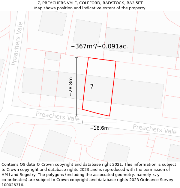 7, PREACHERS VALE, COLEFORD, RADSTOCK, BA3 5PT: Plot and title map