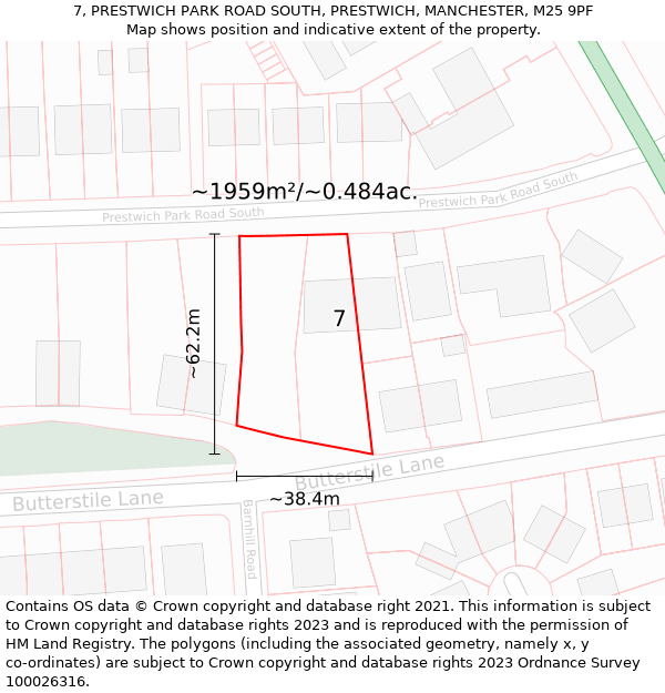 7, PRESTWICH PARK ROAD SOUTH, PRESTWICH, MANCHESTER, M25 9PF: Plot and title map