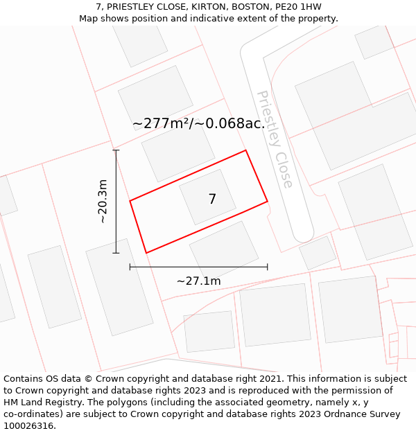 7, PRIESTLEY CLOSE, KIRTON, BOSTON, PE20 1HW: Plot and title map