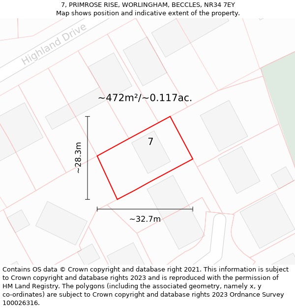 7, PRIMROSE RISE, WORLINGHAM, BECCLES, NR34 7EY: Plot and title map