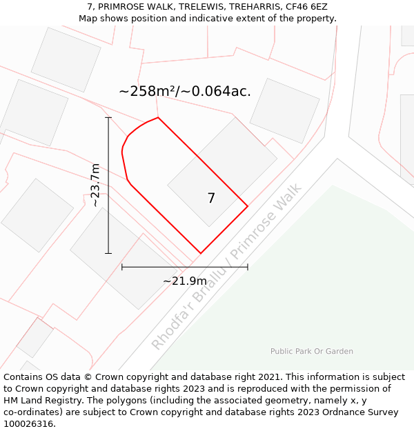 7, PRIMROSE WALK, TRELEWIS, TREHARRIS, CF46 6EZ: Plot and title map