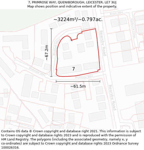 7, PRIMROSE WAY, QUENIBOROUGH, LEICESTER, LE7 3UJ: Plot and title map