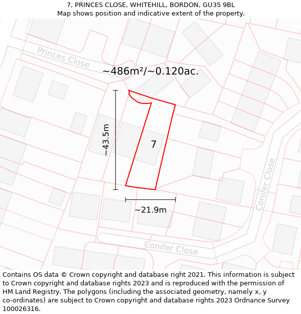 7, PRINCES CLOSE, WHITEHILL, BORDON, GU35 9BL: Plot and title map