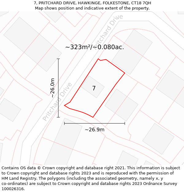 7, PRITCHARD DRIVE, HAWKINGE, FOLKESTONE, CT18 7QH: Plot and title map