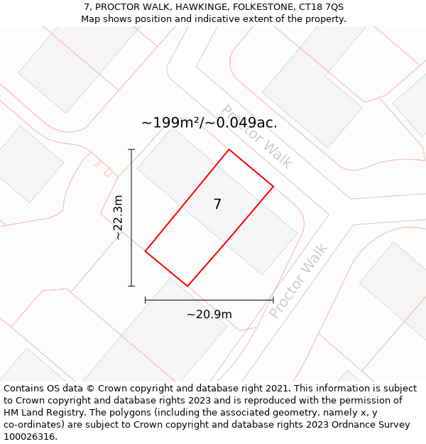 7, PROCTOR WALK, HAWKINGE, FOLKESTONE, CT18 7QS: Plot and title map