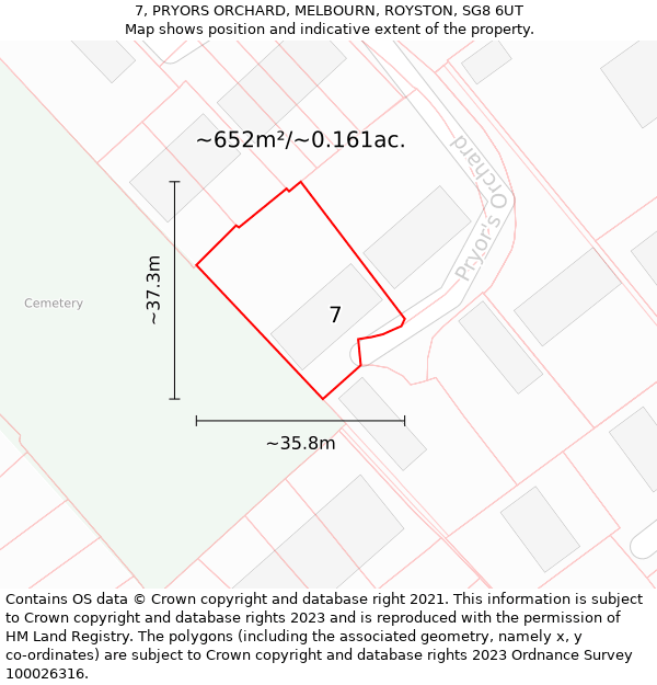 7, PRYORS ORCHARD, MELBOURN, ROYSTON, SG8 6UT: Plot and title map