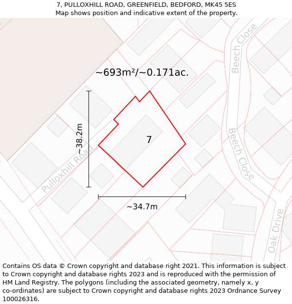 7, PULLOXHILL ROAD, GREENFIELD, BEDFORD, MK45 5ES: Plot and title map