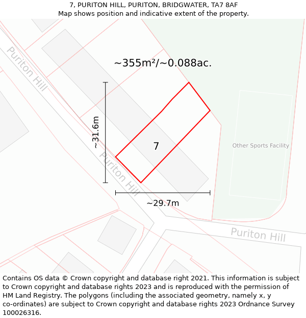 7, PURITON HILL, PURITON, BRIDGWATER, TA7 8AF: Plot and title map