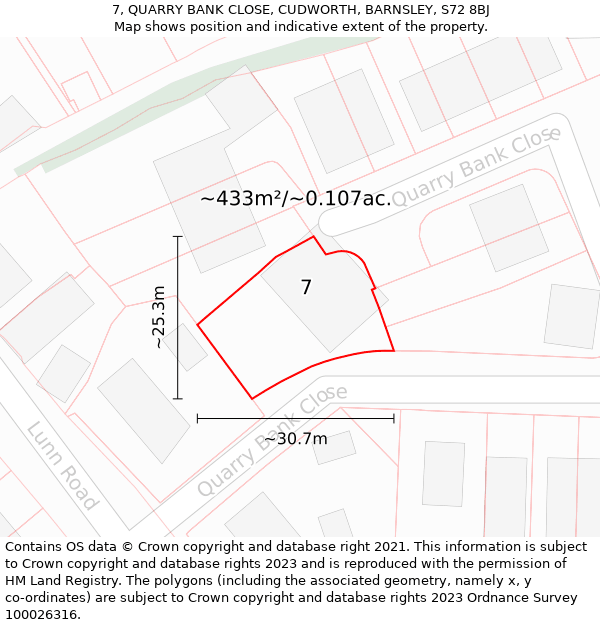 7, QUARRY BANK CLOSE, CUDWORTH, BARNSLEY, S72 8BJ: Plot and title map