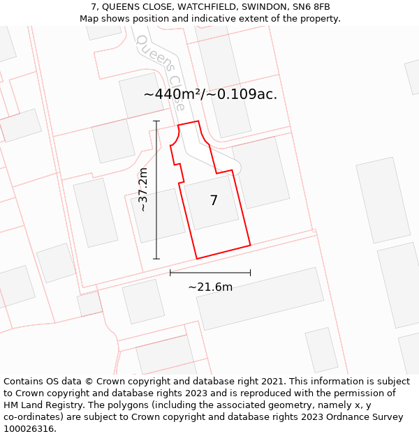 7, QUEENS CLOSE, WATCHFIELD, SWINDON, SN6 8FB: Plot and title map