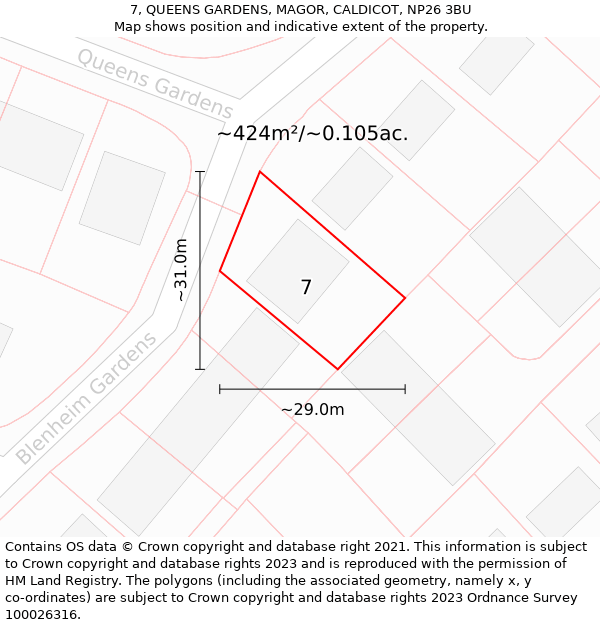 7, QUEENS GARDENS, MAGOR, CALDICOT, NP26 3BU: Plot and title map