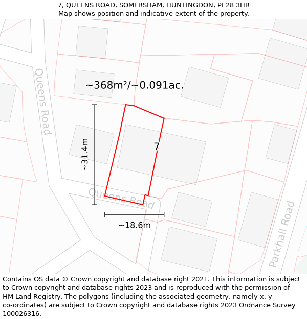 7, QUEENS ROAD, SOMERSHAM, HUNTINGDON, PE28 3HR: Plot and title map