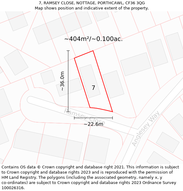 7, RAMSEY CLOSE, NOTTAGE, PORTHCAWL, CF36 3QG: Plot and title map