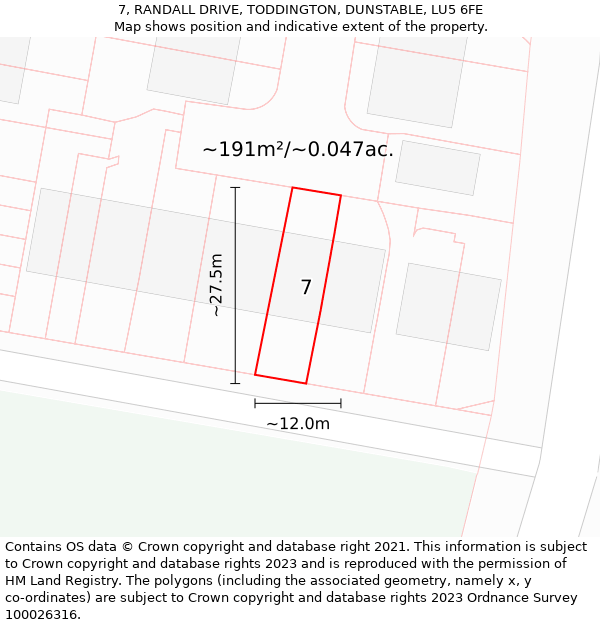 7, RANDALL DRIVE, TODDINGTON, DUNSTABLE, LU5 6FE: Plot and title map