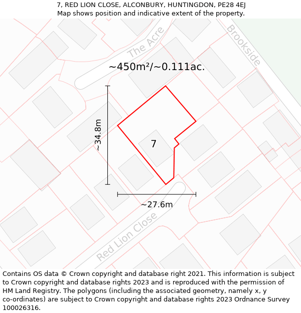 7, RED LION CLOSE, ALCONBURY, HUNTINGDON, PE28 4EJ: Plot and title map