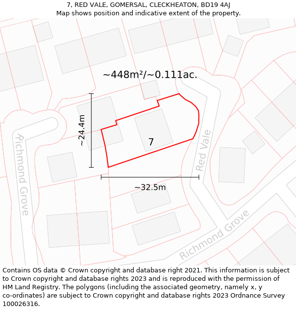 7, RED VALE, GOMERSAL, CLECKHEATON, BD19 4AJ: Plot and title map