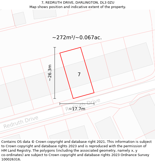 7, REDRUTH DRIVE, DARLINGTON, DL3 0ZU: Plot and title map