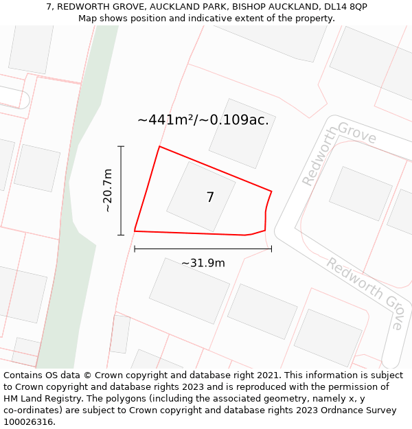 7, REDWORTH GROVE, AUCKLAND PARK, BISHOP AUCKLAND, DL14 8QP: Plot and title map