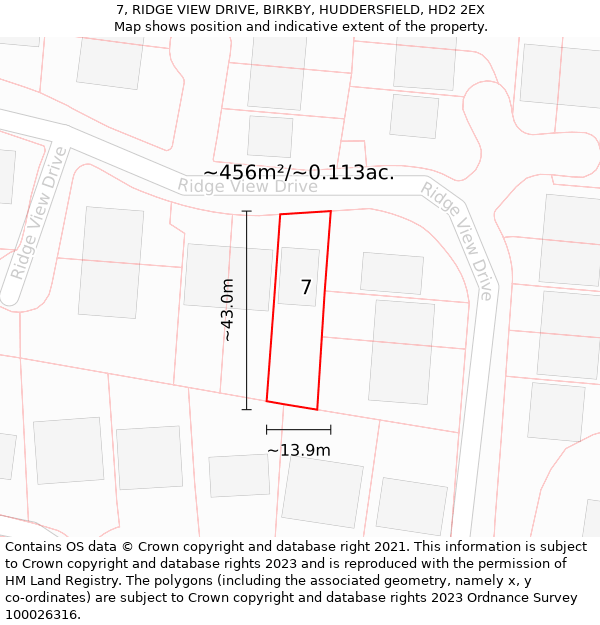 7, RIDGE VIEW DRIVE, BIRKBY, HUDDERSFIELD, HD2 2EX: Plot and title map