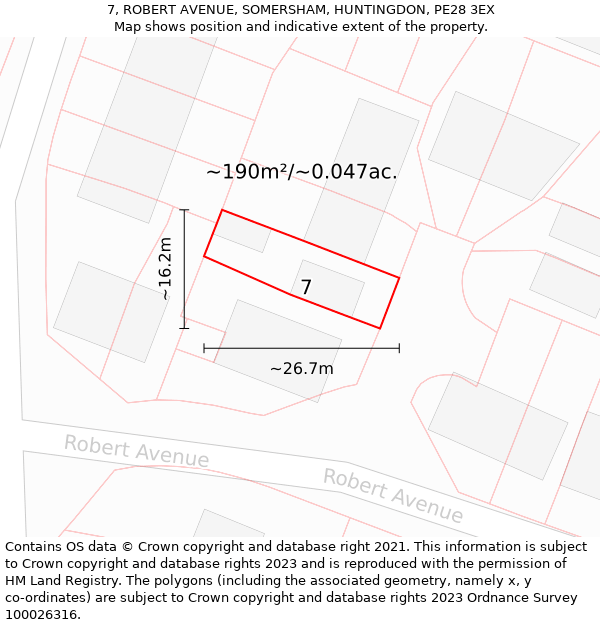 7, ROBERT AVENUE, SOMERSHAM, HUNTINGDON, PE28 3EX: Plot and title map