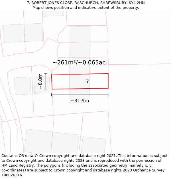 7, ROBERT JONES CLOSE, BASCHURCH, SHREWSBURY, SY4 2HN: Plot and title map