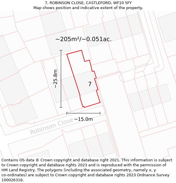 7, ROBINSON CLOSE, CASTLEFORD, WF10 5FY: Plot and title map