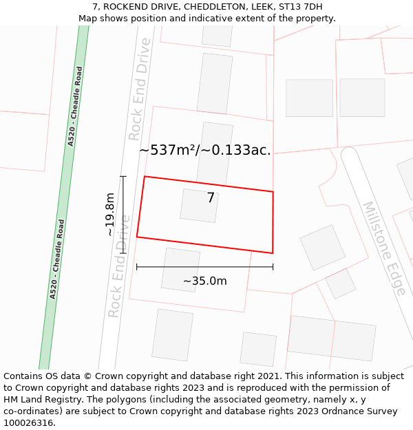 7, ROCKEND DRIVE, CHEDDLETON, LEEK, ST13 7DH: Plot and title map