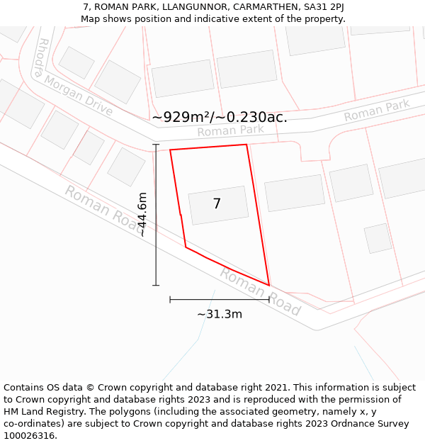 7, ROMAN PARK, LLANGUNNOR, CARMARTHEN, SA31 2PJ: Plot and title map