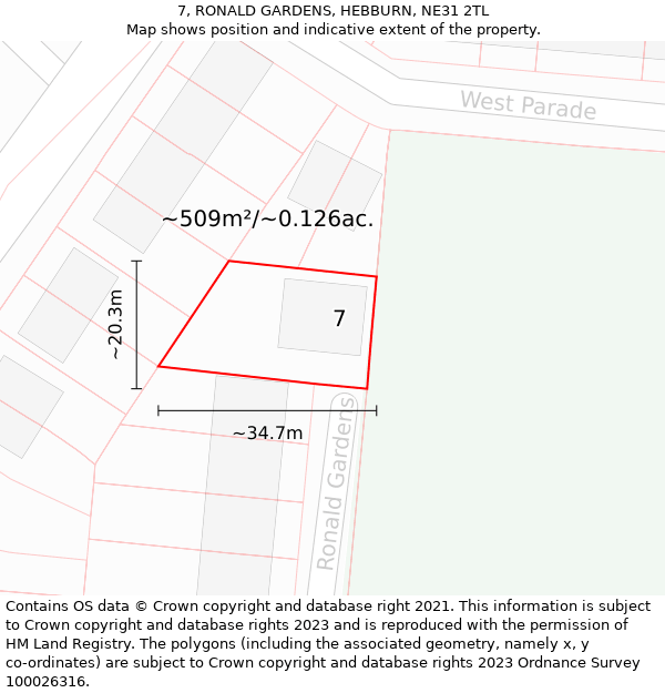 7, RONALD GARDENS, HEBBURN, NE31 2TL: Plot and title map
