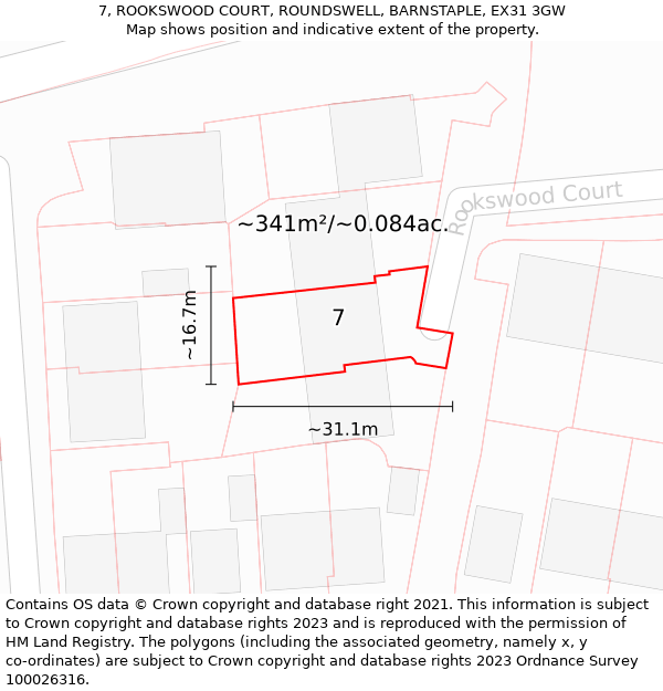 7, ROOKSWOOD COURT, ROUNDSWELL, BARNSTAPLE, EX31 3GW: Plot and title map