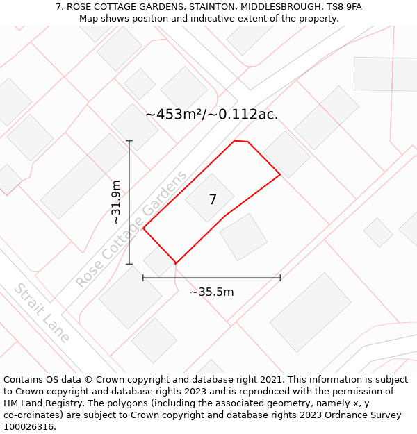 7, ROSE COTTAGE GARDENS, STAINTON, MIDDLESBROUGH, TS8 9FA: Plot and title map