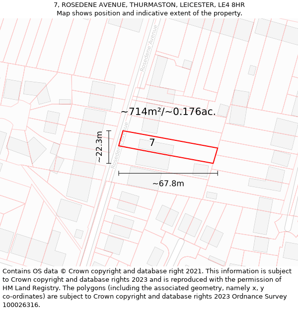 7, ROSEDENE AVENUE, THURMASTON, LEICESTER, LE4 8HR: Plot and title map