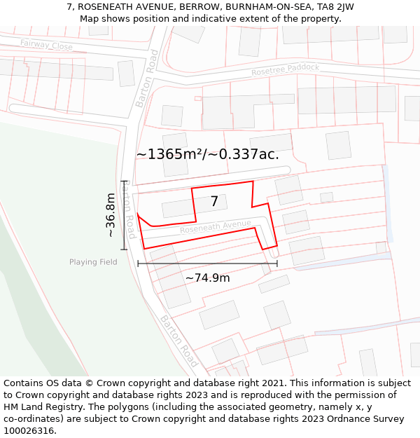 7, ROSENEATH AVENUE, BERROW, BURNHAM-ON-SEA, TA8 2JW: Plot and title map