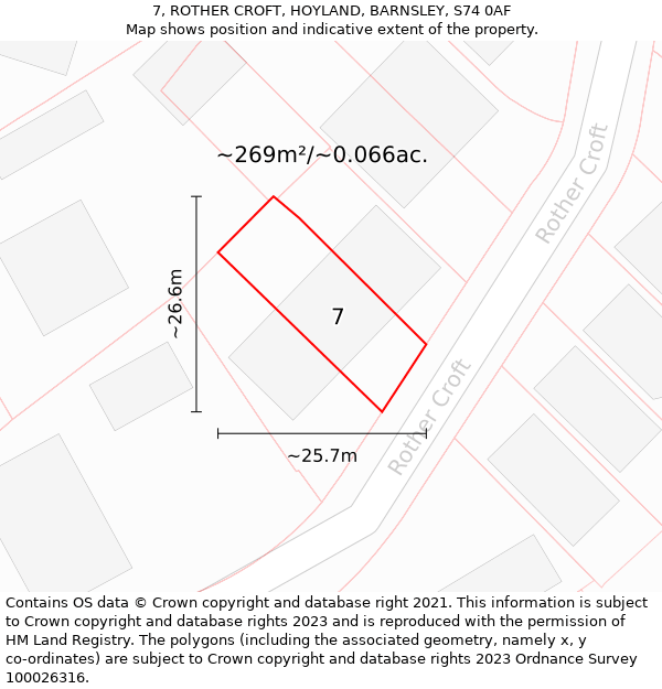 7, ROTHER CROFT, HOYLAND, BARNSLEY, S74 0AF: Plot and title map