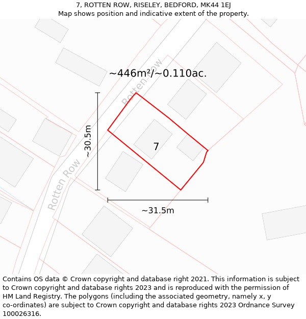 7, ROTTEN ROW, RISELEY, BEDFORD, MK44 1EJ: Plot and title map