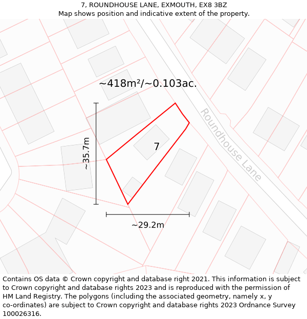 7, ROUNDHOUSE LANE, EXMOUTH, EX8 3BZ: Plot and title map