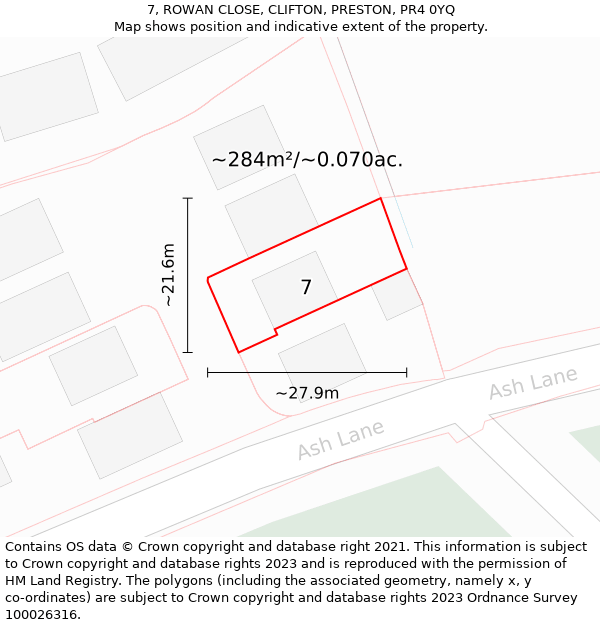 7, ROWAN CLOSE, CLIFTON, PRESTON, PR4 0YQ: Plot and title map