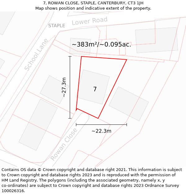 7, ROWAN CLOSE, STAPLE, CANTERBURY, CT3 1JH: Plot and title map