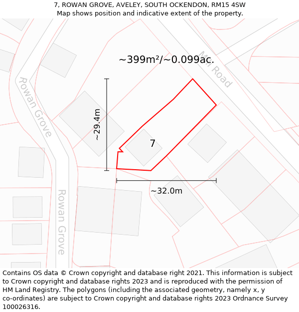 7, ROWAN GROVE, AVELEY, SOUTH OCKENDON, RM15 4SW: Plot and title map