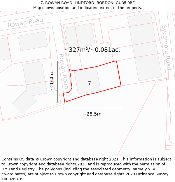 7, ROWAN ROAD, LINDFORD, BORDON, GU35 0RE: Plot and title map