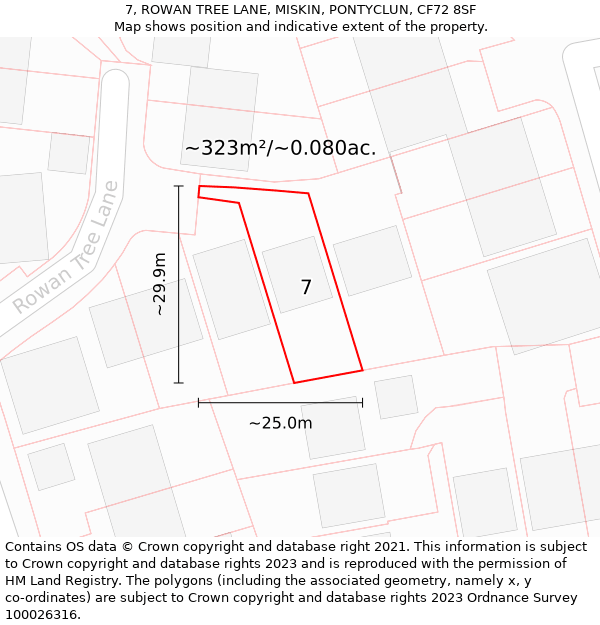 7, ROWAN TREE LANE, MISKIN, PONTYCLUN, CF72 8SF: Plot and title map