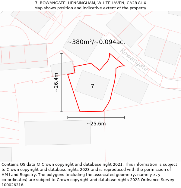 7, ROWANGATE, HENSINGHAM, WHITEHAVEN, CA28 8HX: Plot and title map